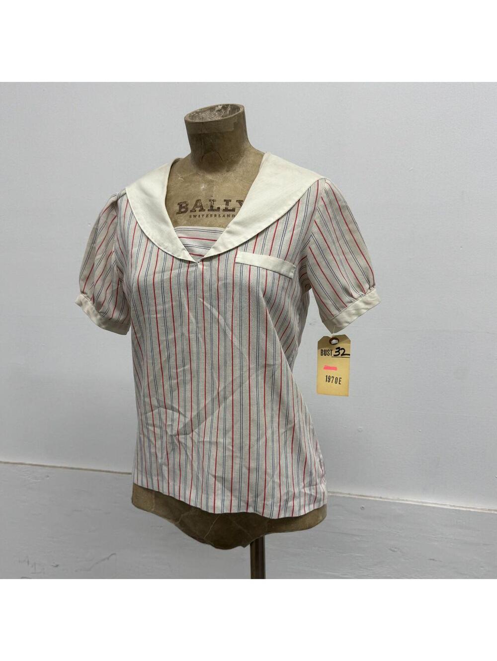 Vintage 1970s Red, Navy & White Striped Sailor Collar Popover Blouse